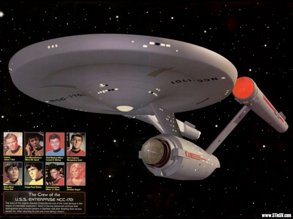 picture of the Star Ship Enterprise and some of the crew from the classic series